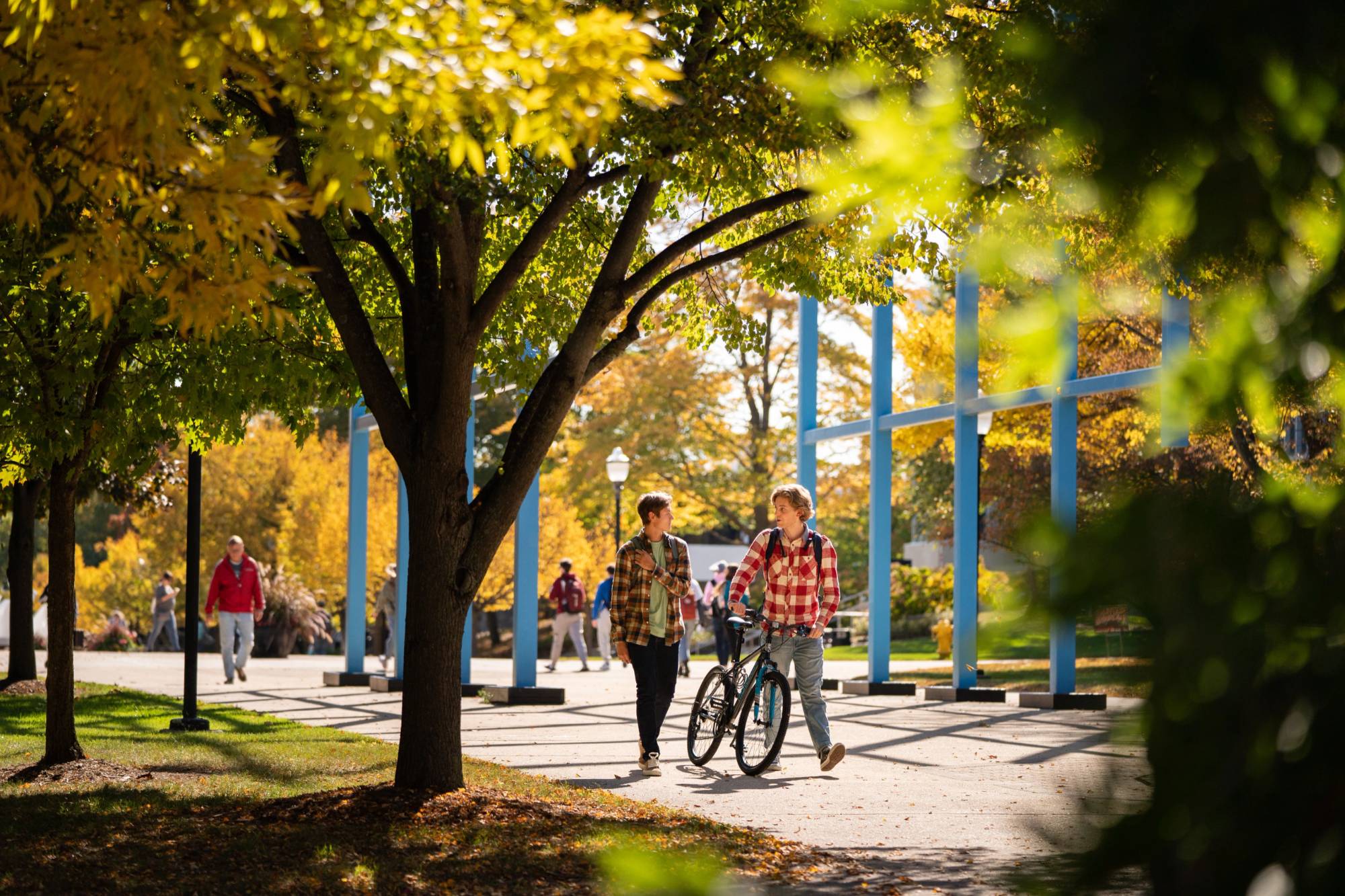 students standing on walkway, one next to a bicycle